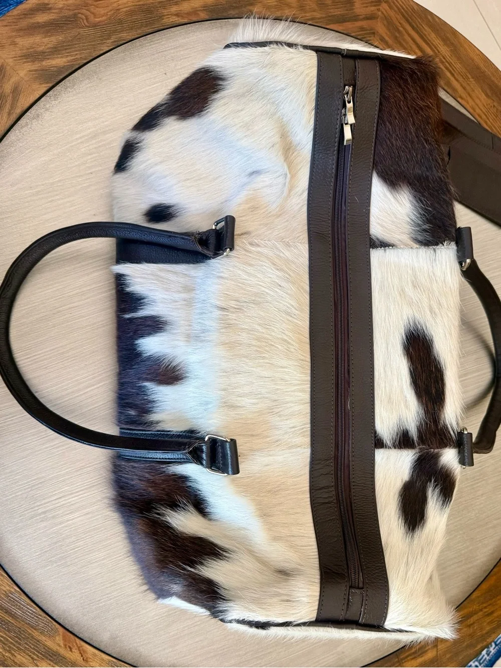 Genuine Cowhide Fur Duffle Bag with Dark Brown Leather Trim